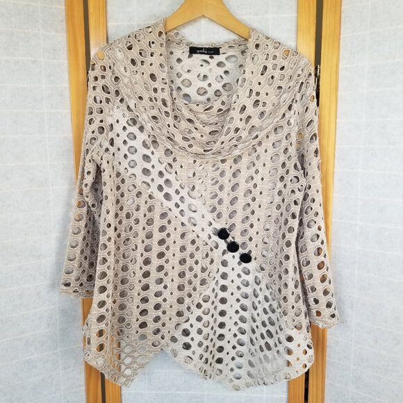 Yushi laser-cut, cowl neck, long-sleeve tunic top with asymmetric hem tan - Picture 1 of 6